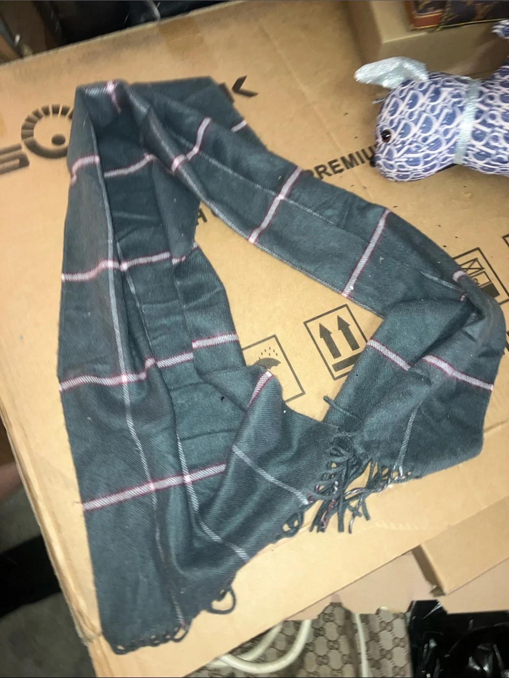 Dior Men’s Teal Plaid Cashmere Scarf with Pink Stripes